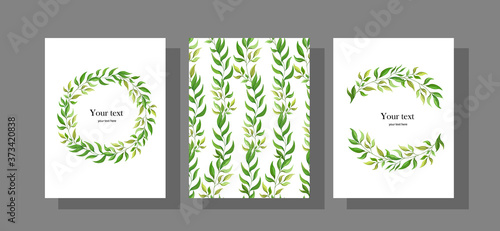 Botanical map with wild leaves. Seamless pattern of branches on a white background. Set of wedding invitations banners covers brochures templates. Vector.