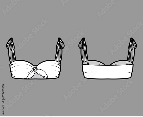 Bra top technical fashion illustration with cropped length, ties at shoulders and front. Flat swimwear lingerie apparel template front, back, white color. Women, men, unisex underwear CAD mockup. 