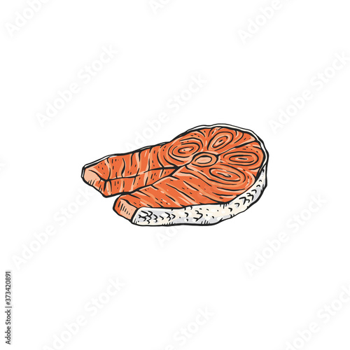 Salmon steak or piece of red fish fillet sketch vector illustration isolated.