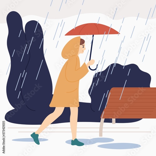 Smiling girl with umbrella walk under rain vector flat illustration. Happy female wearing raincoat stroll in natural park or street at rainy day. Colorful woman enjoying autumn season outdoor