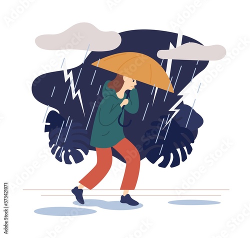 Casual woman going on street under umbrella at thunderstorm vector flat illustration. Female walking at park in wind and lightning rainy day isolated on white. Dramatic sky, puddles and drops