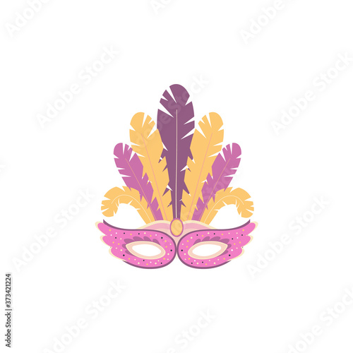Pink and yellow Brazil carnival mask with feathers isolated on white background