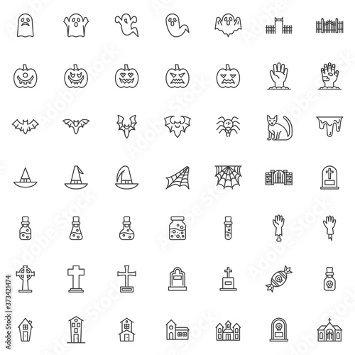 Happy Halloween line icons set. linear style symbols collection, outline signs pack. vector graphics. Set includes icons as scary ghost, angry pumpkin, flying bat, spider, haunted house, cemetery gate