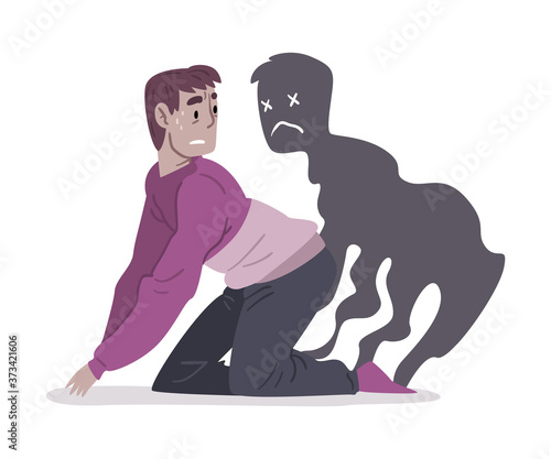 Depressed Guy Sitting on Floor Haunted by Ghost Twin. Mental Health Problems, Psychological Disorder Concept Cartoon Style Vector Illustration