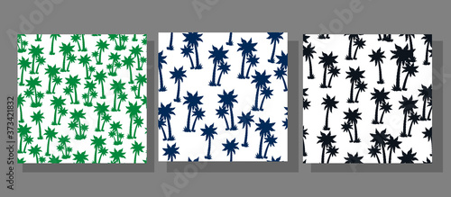 Seamless pattern with colored silhouettes of tropical coconut trees. Abstract summer exotic repeating background with palm trees. Vector