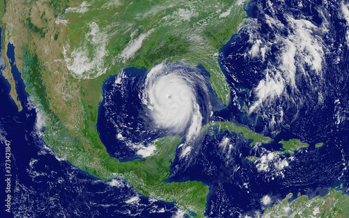 Laura hurricane approaching the coast. Mexican gulf. The eye of the typhoon. Satellite view