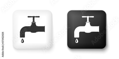 Black and white Water tap with a falling water drop icon isolated on white background. Square button. Vector.