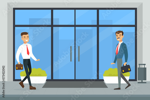 Business Office Center, Cheerful Businessmen Meeting in Office Entrance Flat Vector Illustration