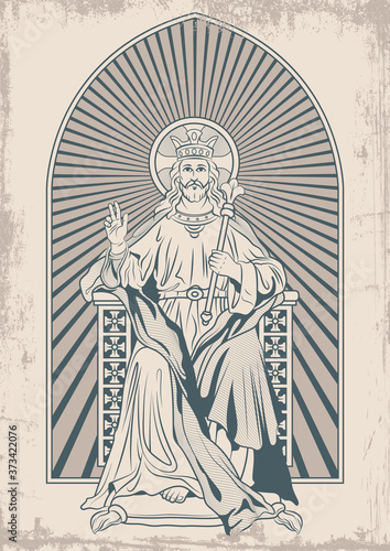 God on Throne, Medieval Engraving Art Style, Jesus Christ and Scepter, Grunge Texture Pattern, Old Paper Style 