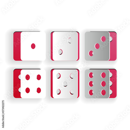 Paper cut Set of six dices icon isolated on white background. Paper art style. Vector.