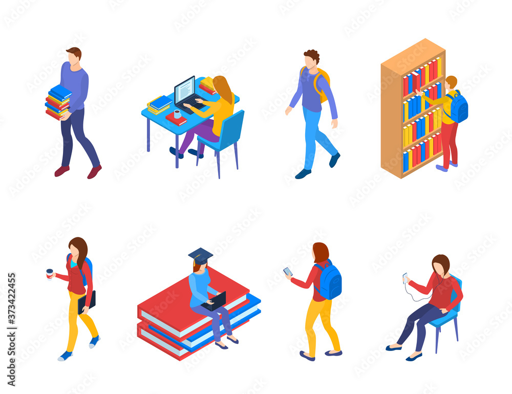 Color Characters Different College Students 3d Icons Set Isometric View. Vector