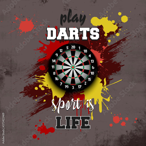 Dartboard icon. Play darts. Sport is life. Pattern for design poster, logo, emblem, label, banner, icon. Darts template on isolated background. Grunge style. Vector illustration