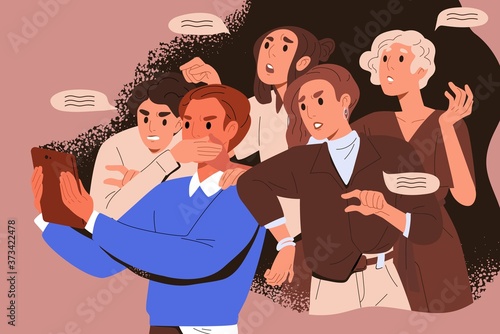 Bullying crowd of people who meddle, disturb and give unasked, unbidden advice. Woman shoves man with tablet. Concept of public meddlesome comment in media networks. Flat vector cartoon illustration