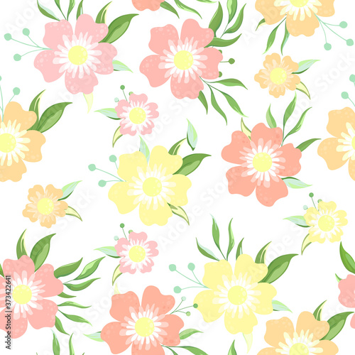 Simple floral pattern with flowers and leaves on a white background. Vector illustration.