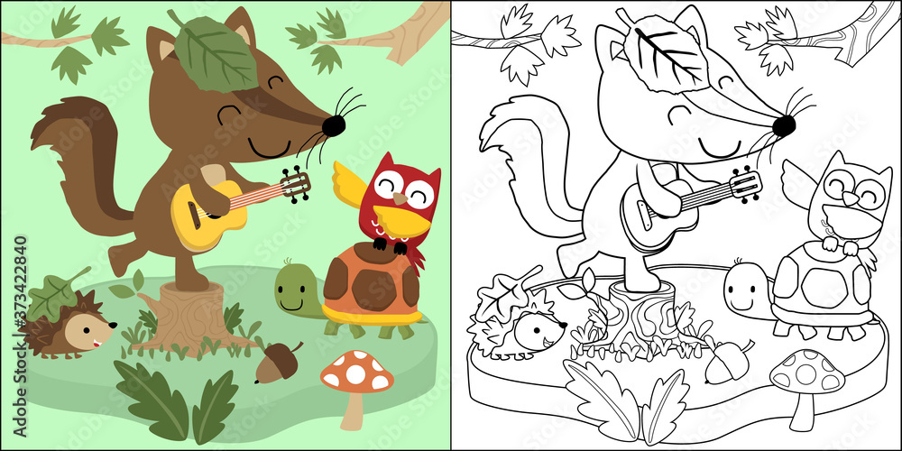 Obraz premium vector cartoon of woodland animals cartoon singing together, coloring book or page