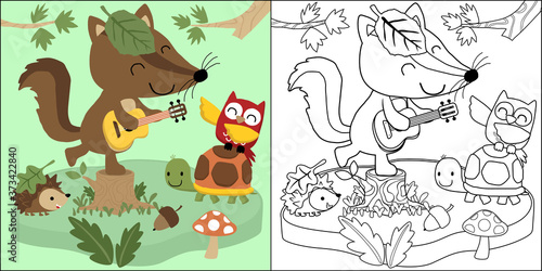 vector cartoon of woodland animals cartoon singing together  coloring book or page