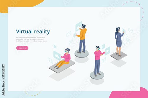 Virtual Reality Experience Concept. People Move Objects Around Using A Virtual Reality Headset Immersing In Virtual Reality World Holding Motion Controllers. Colorful 3d Isometric Vector Illustration