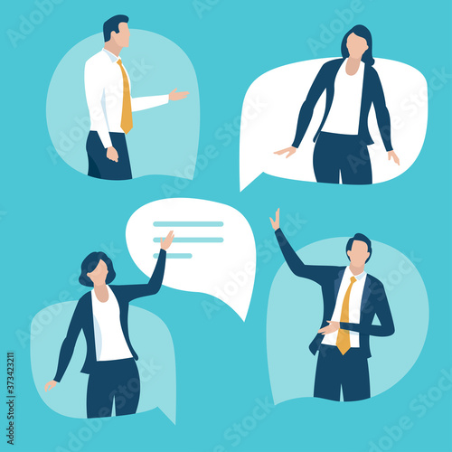 Discussion. Business people talking from speech bubbles. Communication concept. Vector illustration.