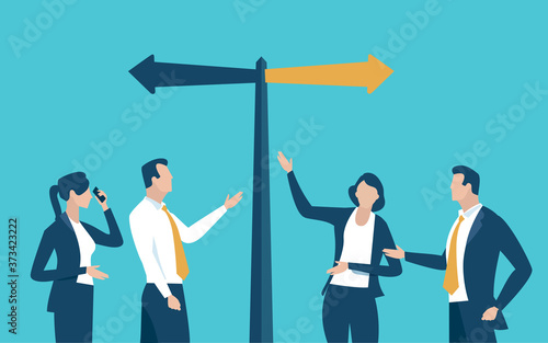 Direction. The team discusses the direction. Business vector illustration.