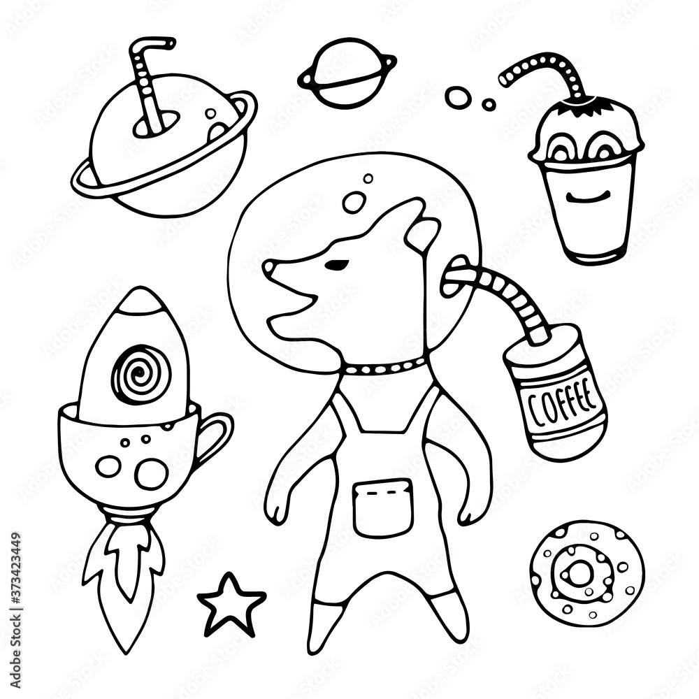 Tea Cup and coffee Cup in space style. Cupcakes and croissants in space