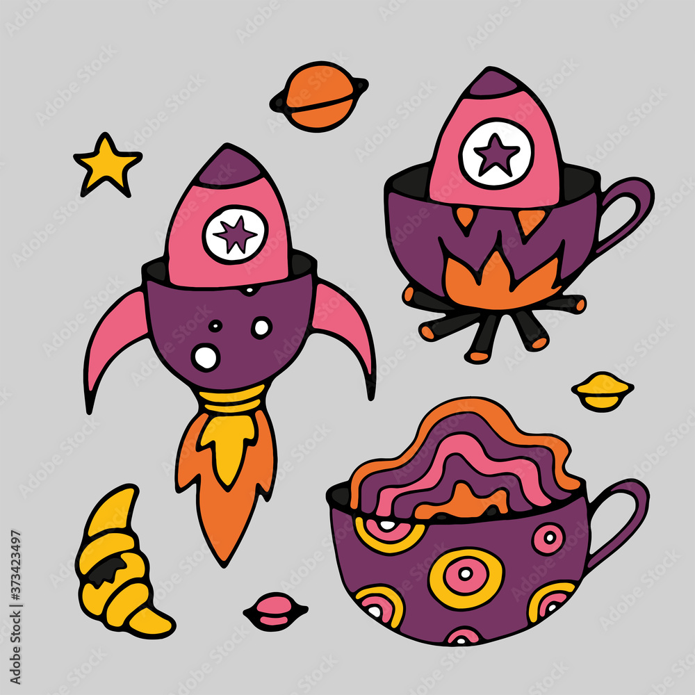 Tea Cup and coffee Cup in space style. Cupcakes and croissants in space
