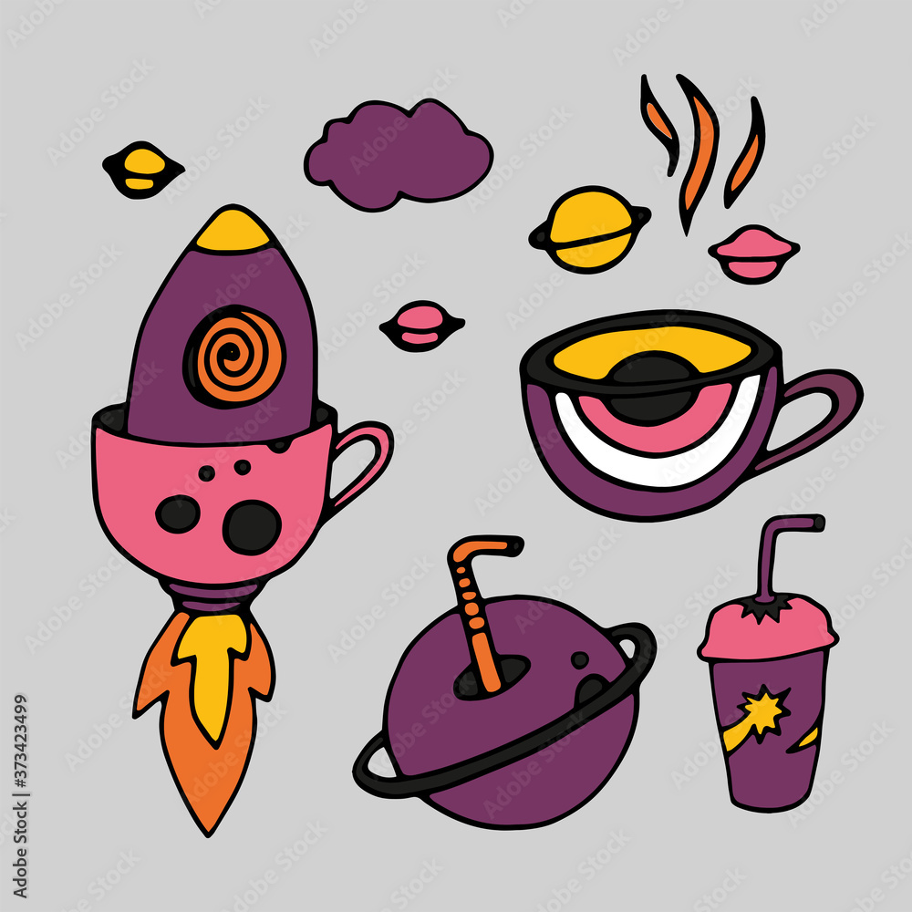 Tea Cup and coffee Cup in space style. Cupcakes and croissants in space