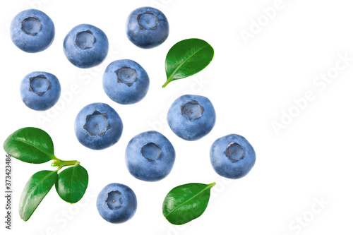 blueberries with leaves isolated on white background. top view. healthy background.