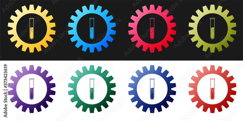 Set Gear and test tube icon isolated on black and white background. Cogwheel and flask sign. Experiment laboratory glass chemical research symbol. Vector. Set Gear and test tube icon isolated on black and white background. Cogwheel and flask sign. Experiment laboratory glass chemical research symbol. Vector.