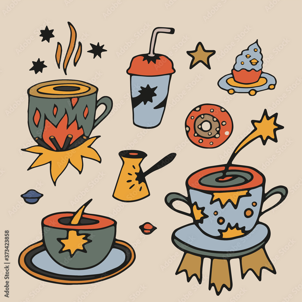 Tea Cup and coffee Cup in space style. Cupcakes and croissants in space