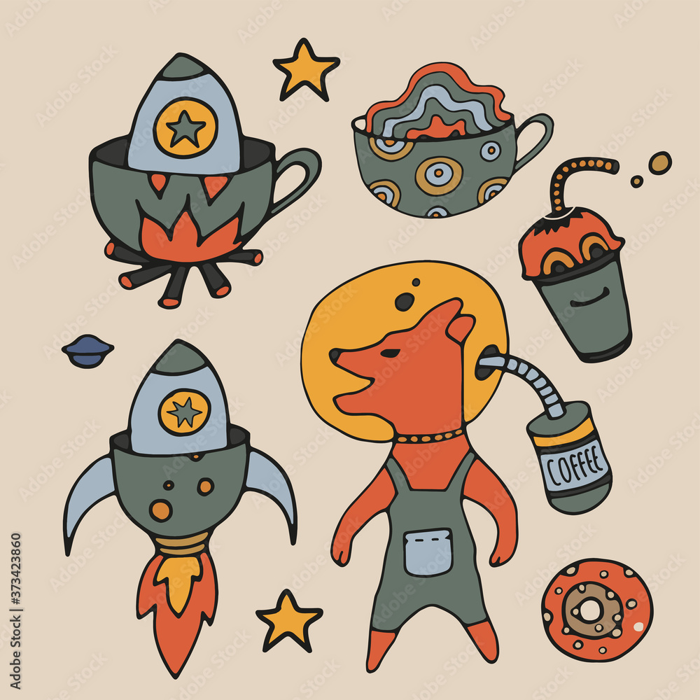 Tea Cup and coffee Cup in space style. Cupcakes and croissants in space