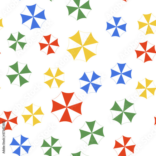 Color Sun protective umbrella fo beach icon isolated seamless pattern on white background. Large parasol for outdoor space. Summer vacation or picnic accessory. Vector.