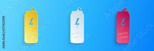 Paper cut Energy drink icon isolated on blue background. Paper art style. Vector.
