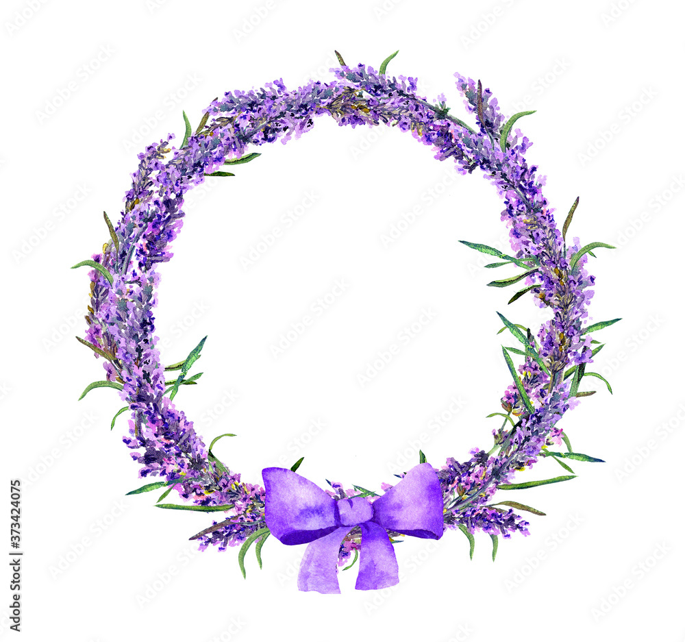 Lavender flowers wreath with bow. Watercolor floral circle
