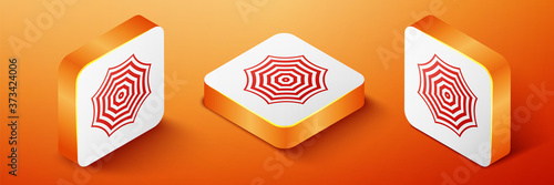 Isometric Sun protective umbrella fo beach icon isolated on orange background. Large parasol for outdoor space. Summer vacation or picnic accessory. Orange square button. Vector.