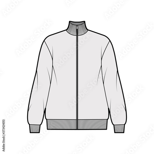 Oversized long-sleeved zip-up sweatshirt technical fashion illustration with cotton-jersey, ribbed trims. Flat outwear jumper apparel template front grey color. Women, men unisex top CAD mockup