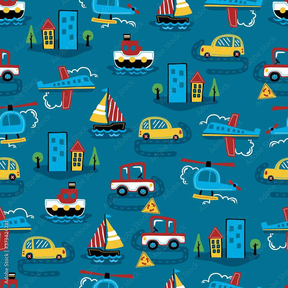 Seamless pattern vector of transportations cartoon with buildings