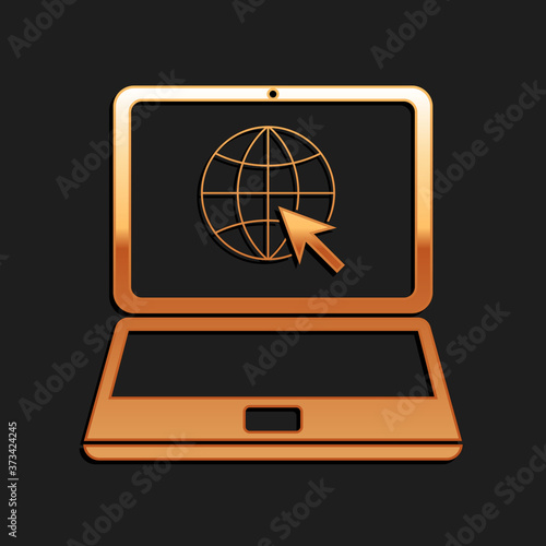 Gold Website on laptop screen icon isolated on black background. Laptop with globe and cursor. World wide web symbol. Long shadow style. Vector.