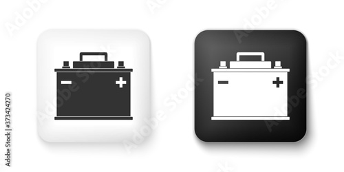 Black and white Car battery icon isolated on white background. Accumulator battery energy power and electricity accumulator battery. Square button. Vector.