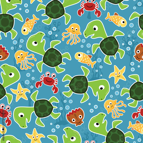 Seamless pattern vector with cute marine animals cartoon