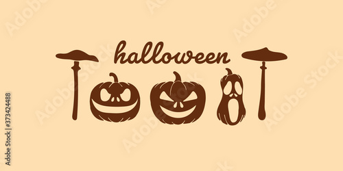 Hand drawn Halloween lettering calligraphy logo with a pumpkin and mushrooms on isolated background. drawn in flat styleHand drawn Halloween lettering calligraphy logo with a pumpkin and mushrooms on  photo