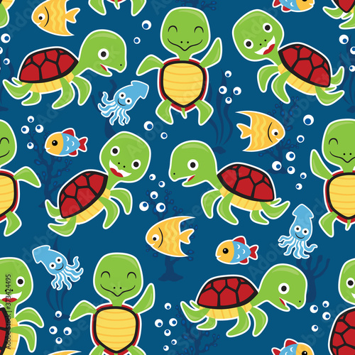 Seamless pattern vector with cute marine animals cartoon
