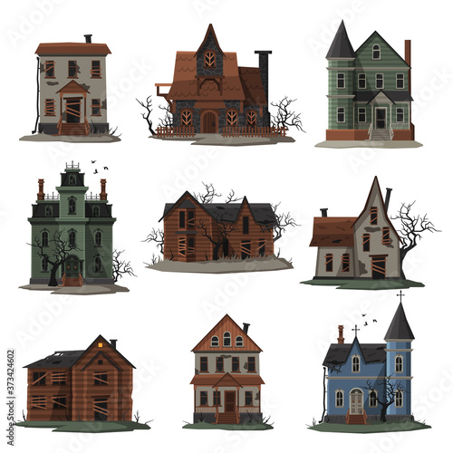 Scary Houses Collection, Halloween Haunted Mansions with Boarded Up Windows Vector Illustration on White Background