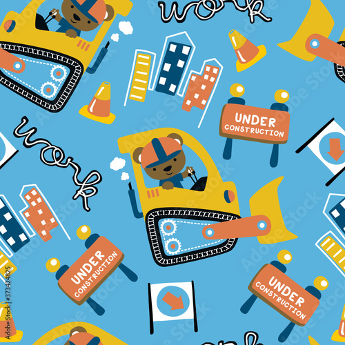 Seamless pattern vector of construction vehicle cartoon with funny driver