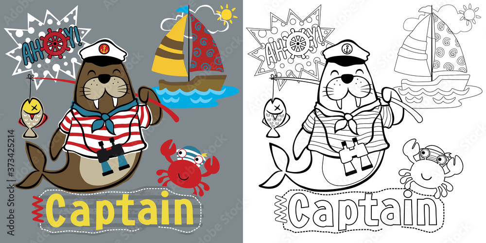 Fototapeta premium coloring book or page with seal the funny sailor cartoon, sailing theme cartoon