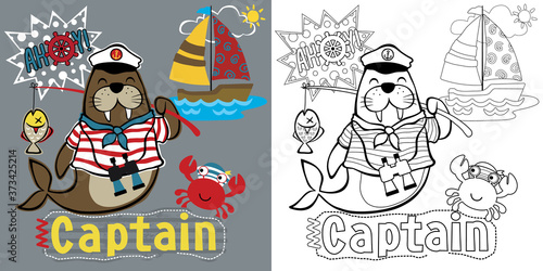coloring book or page with seal the funny sailor cartoon, sailing theme cartoon