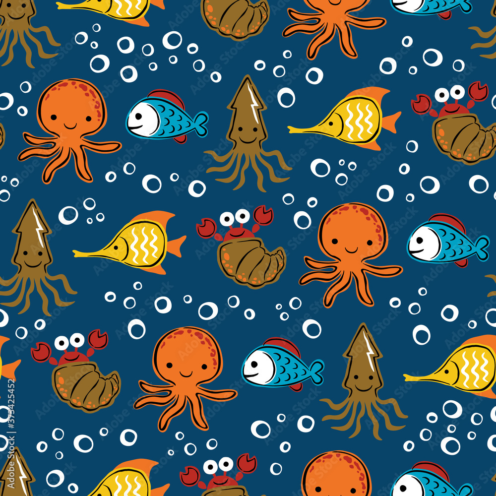 Seamless pattern vector of hand drawn marine animals cartoon Seamless pattern vector of hand drawn marine animals cartoon