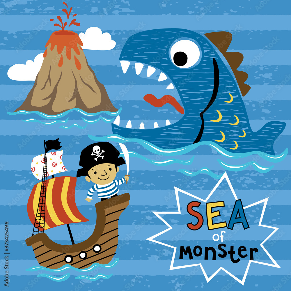 Obraz Cartoon of fighting pirate versus fish monster