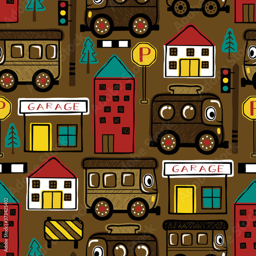 Seamless pattern vector of funny cars and buildings cartoon © Bhonard21