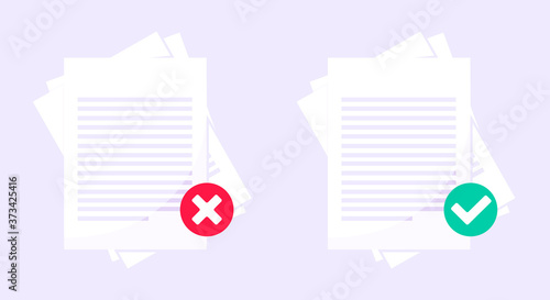 Rejected and approved claim or credit loan form, paper sheets flat style design vector illustration. Verify or deny document, cv resume, insurance application form set.