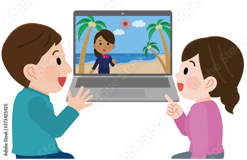 オンラインツアーで海外旅行気分を味わう男女　イラスト